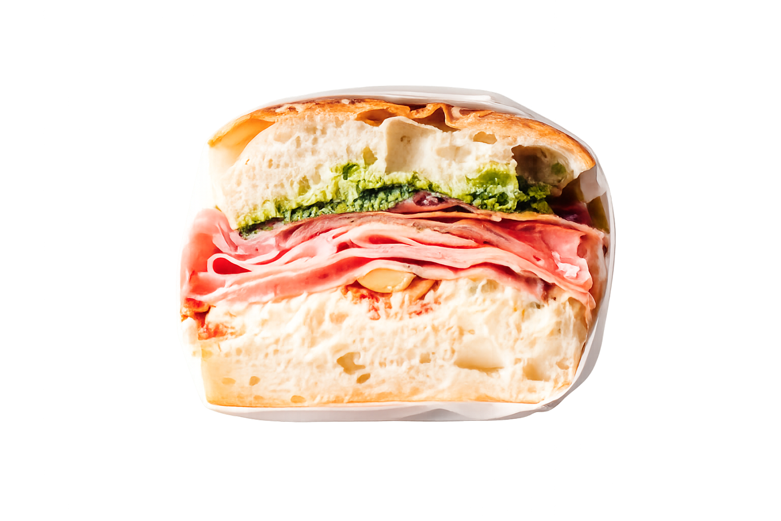 A stacked Ernest Deli sandwich with mortadella, pesto and housemade focaccia